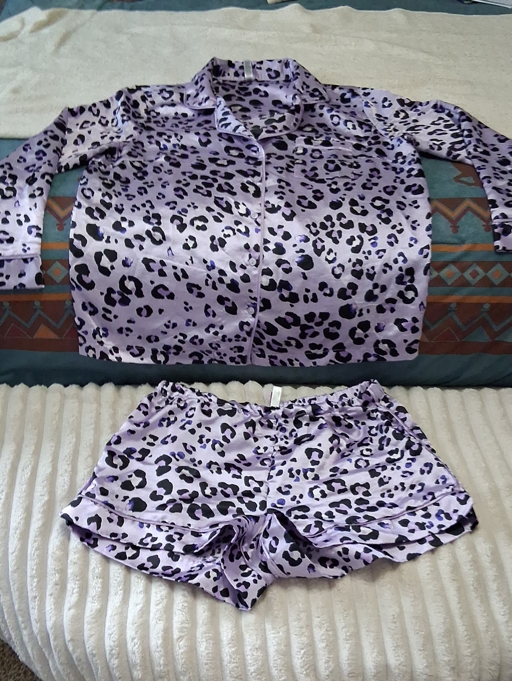 Adore Me 'Sammy' Satin Purple Leopard Print Long Sleeve & Shorts Pajama Set Sz L